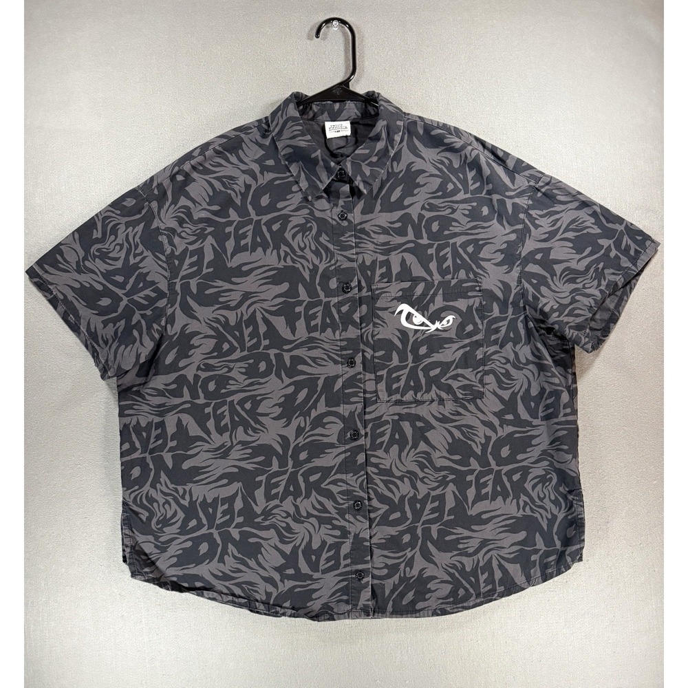 No Fear x H&M Short Sleeve Button Shirt Black Gray AOP Logo On Pocket Size M